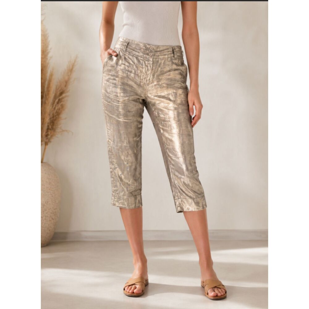 Oltre Women’s Gold Linen Cropped Pants Size 12 Metallic Crop Casual Summer Chic